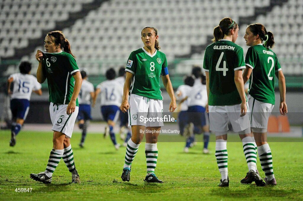 17 September 2010; Dejected Republic of Ireland players, from left, Ciara Grant, Dora Gorman, Jessica Gleeson and Ciara O'Brien after Hikaru Naomoto, Japan, scored her side's first goal from a penalty. FIFA U-17 Women’s World Cup Quarter-Final, Republic of Ireland v Japan, Larry Gomes Stadium, Arima, Trinidad, Trinidad & Tobago. Picture credit: Stephen McCarthy / SPORTSFILE
