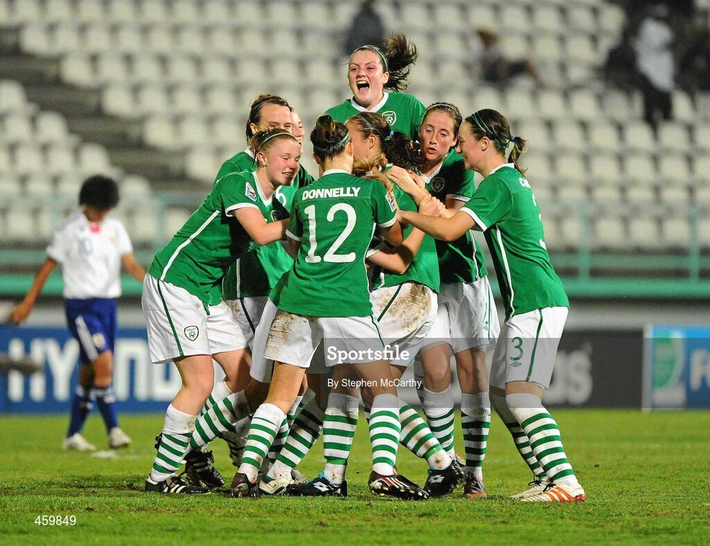 17 September 2010; Republic of Ireland players celebrate after Denise O'Sullivan scored her side's 1st goal. FIFA U-17 Women’s World Cup Quarter-Final, Republic of Ireland v Japan, Larry Gomes Stadium, Arima, Trinidad, Trinidad & Tobago. Picture credit: Stephen McCarthy / SPORTSFILE