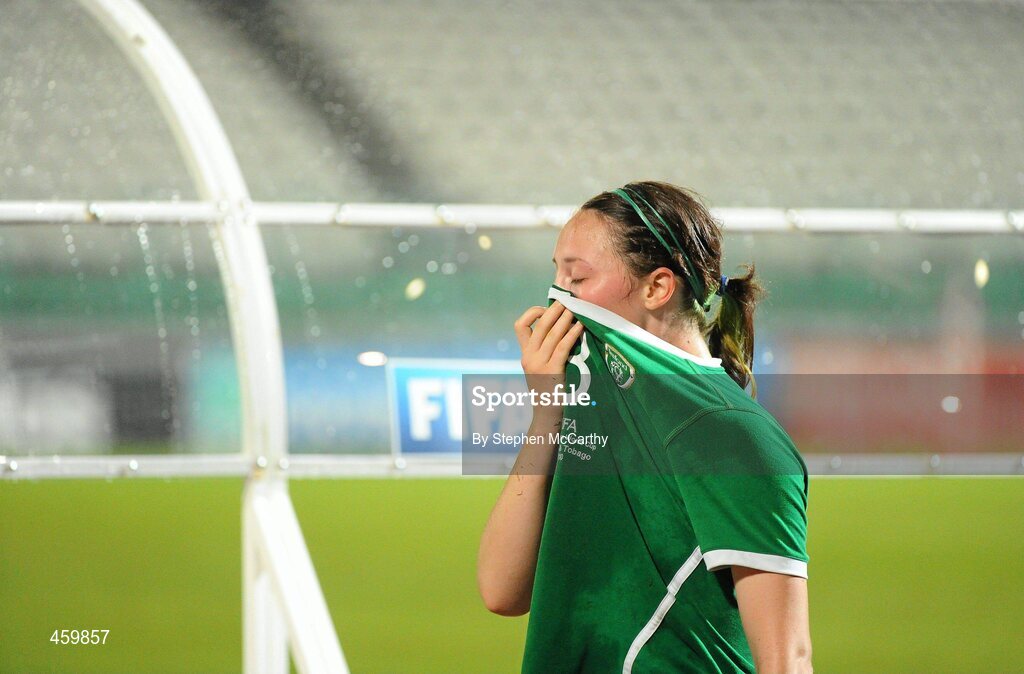 17 September 2010; A dejected Megan Campbell, Republic of Ireland, following her side's defeated to Japan. FIFA U-17 Women’s World Cup Quarter-Final, Republic of Ireland v Japan, Larry Gomes Stadium, Arima, Trinidad, Trinidad & Tobago. Picture credit: Stephen McCarthy / SPORTSFILE