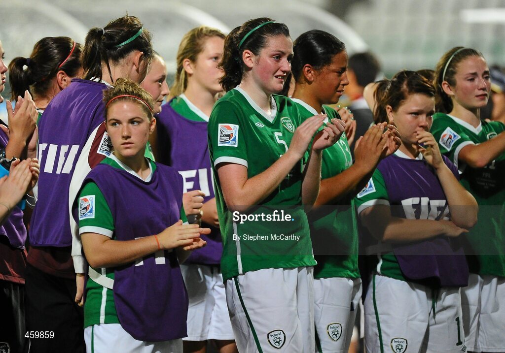 17 September 2010; Dejected Republic of Ireland players, from left, Kerry Glynn, Jennifer Byrne, Rianna Jarrett, Rebecca Kearney and Siobhan Killeen following their defeat to Japan. FIFA U-17 Womens World Cup Quarter-Final, Republic of Ireland v Japan, Larry Gomes Stadium, Arima, Trinidad, Trinidad & Tobago. Picture credit: Stephen McCarthy / SPORTSFILE