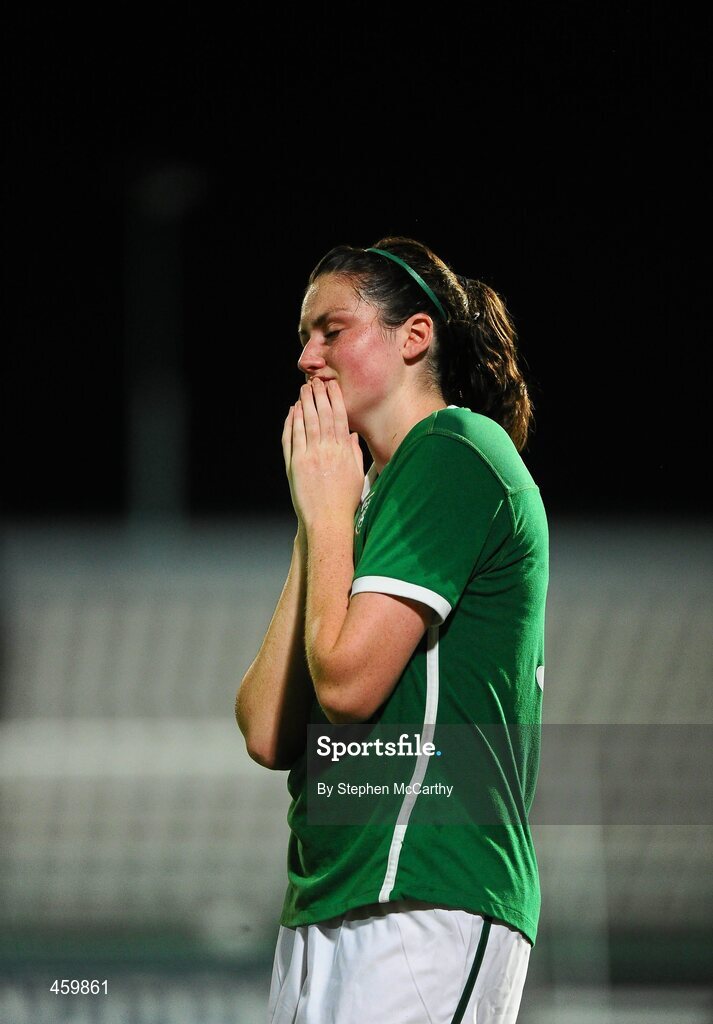 17 September 2010; A dejected Jennifer Byrne, Republic of Ireland, following her side's defeated to Japan. FIFA U-17 Women’s World Cup Quarter-Final, Republic of Ireland v Japan, Larry Gomes Stadium, Arima, Trinidad, Trinidad & Tobago. Picture credit: Stephen McCarthy / SPORTSFILE
