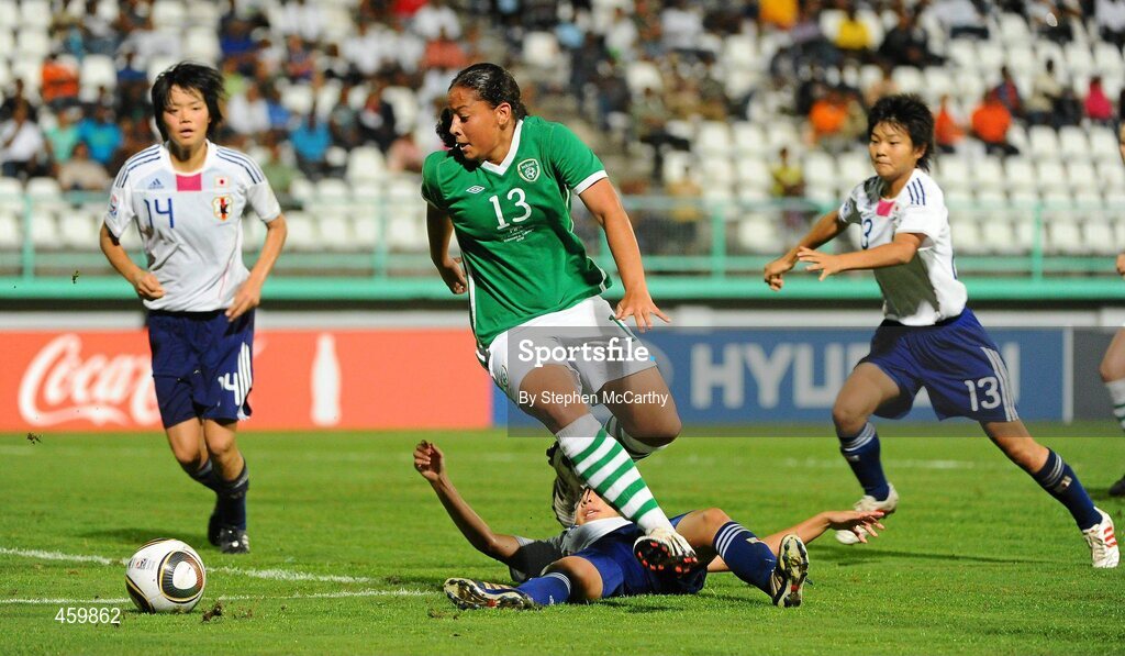 17 September 2010; Rianna Jarrett, Republic of Ireland, in action against Japan players, from left, Haruka Hamada, Hikari Takagi and Tomoko Muramatsu. FIFA U-17 Women’s World Cup Quarter-Final, Republic of Ireland v Japan, Larry Gomes Stadium, Arima, Trinidad, Trinidad & Tobago. Picture credit: Stephen McCarthy / SPORTSFILE