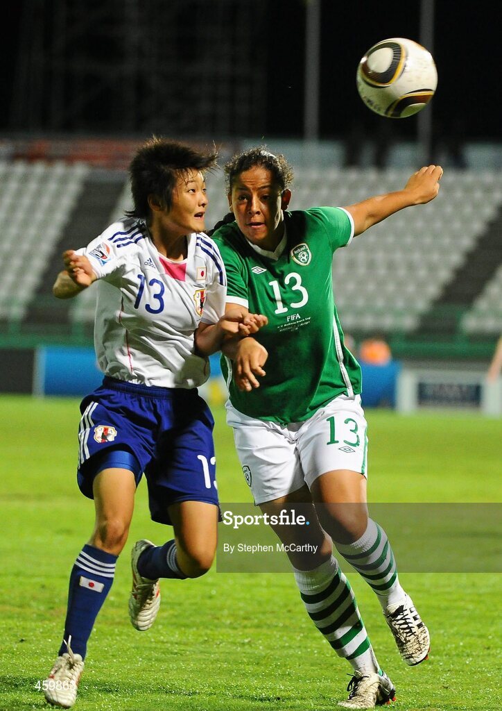 17 September 2010; Rianna Jarrett, Republic of Ireland, in action against Tomoko Muramatsu, Japan. FIFA U-17 Women’s World Cup Quarter-Final, Republic of Ireland v Japan, Larry Gomes Stadium, Arima, Trinidad, Trinidad & Tobago. Picture credit: Stephen McCarthy / SPORTSFILE
