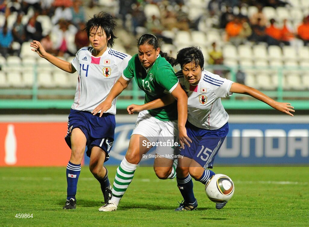 17 September 2010; Rianna Jarrett, Republic of Ireland, in action against Haruka Hamada, left, Hikari Takagi, Japan. FIFA U-17 Women’s World Cup Quarter-Final, Republic of Ireland v Japan, Larry Gomes Stadium, Arima, Trinidad, Trinidad & Tobago. Picture credit: Stephen McCarthy / SPORTSFILE