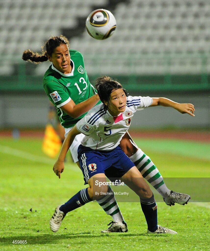 17 September 2010; Rianna Jarrett, Republic of Ireland, in action against Naoko Wada, Japan. FIFA U-17 Women’s World Cup Quarter-Final, Republic of Ireland v Japan, Larry Gomes Stadium, Arima, Trinidad, Trinidad & Tobago. Picture credit: Stephen McCarthy / SPORTSFILE