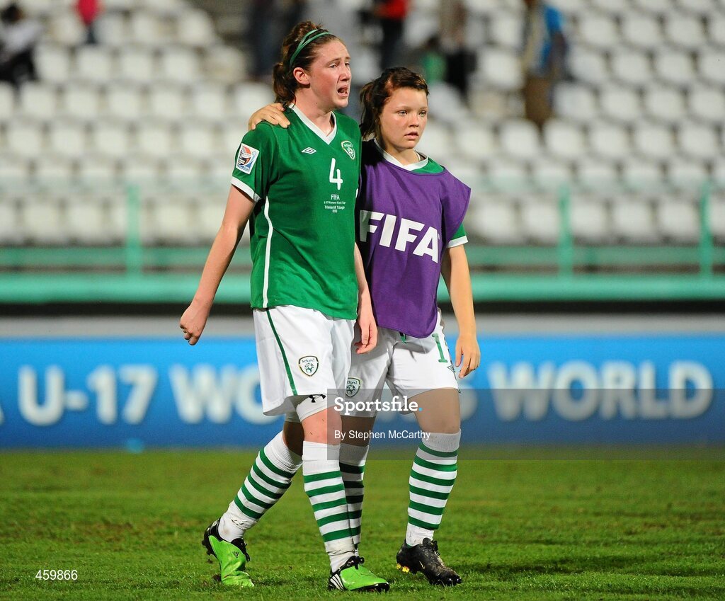 17 September 2010; A dejected Jessica Gleeson, Republic of Ireland, is comforted by Rebecca Kearney following their side's defeated to Japan. FIFA U-17 Women’s World Cup Quarter-Final, Republic of Ireland v Japan, Larry Gomes Stadium, Arima, Trinidad, Trinidad & Tobago. Picture credit: Stephen McCarthy / SPORTSFILE