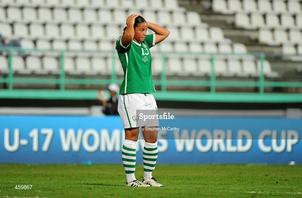 17 September 2010; A dejected Rianna Jarrett, Republic of Ireland, during the final minutes of the game. FIFA U-17 Women’s World Cup Quarter-Final, Republic of Ireland v Japan, Larry Gomes Stadium, Arima, Trinidad, Trinidad & Tobago. Picture credit: Stephen McCarthy / SPORTSFILE