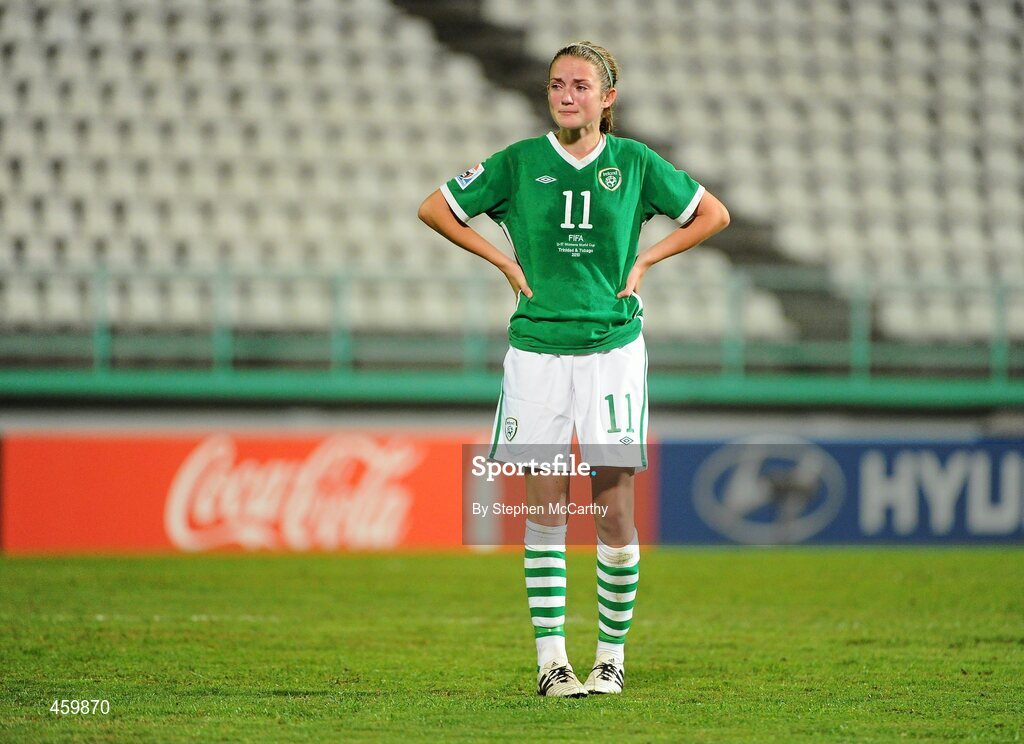 17 September 2010; A dejected Siobhan Killeen, Republic of Ireland, following her side's defeated to Japan. FIFA U-17 Women’s World Cup Quarter-Final, Republic of Ireland v Japan, Larry Gomes Stadium, Arima, Trinidad, Trinidad & Tobago. Picture credit: Stephen McCarthy / SPORTSFILE