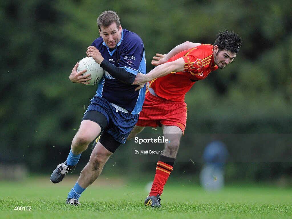 18 September 2010; Liam Coffey, St. Jude’s, in action against Conor Flanagan, St. Johns, Drumnaquoile, Co. Down, at the Bord Gáis Energy / St. Jude’s All-Ireland Junior Football 7s Final. 20 teams from around the country travelled to take part in this prestigious competition. Bord Gáis Energy / St. Jude’s All-Ireland Junior Football 7s Tournament, St. Jude's GAA Club, Templeogue, Dublin. Picture credit: Matt Browne / SPORTSFILE