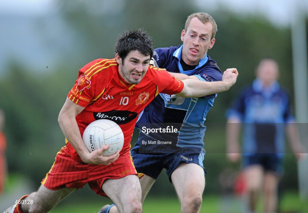 18 September 2010; Ryan Flanagan, St. Johns, Drumnaquoile, Co. Down, in action against Niall Cronin, St. Jude’s, at the Bord Gáis Energy / St. Jude’s All-Ireland Junior Football 7s Final. 20 teams from around the country travelled to take part in this prestigious competition. Bord Gáis Energy / St. Jude’s All-Ireland Junior Football 7s Tournament, St. Jude's GAA Club, Templeogue, Dublin. Picture credit: Matt Browne / SPORTSFILE