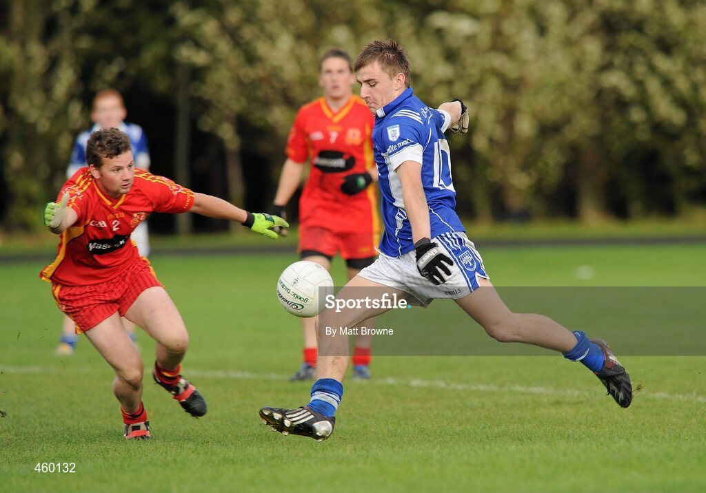 18 September 2010; Brendan Walsh, Kiltimagh, GAA Club, Co, Mayo, in action against Conor Branniff, St. Johns, Drumnaquoile, Co. Down, at the Bord Gáis Energy / St. Jude’s All-Ireland Junior Football 7s Semi-Final. 20 teams from around the country travelled to take part in this prestigious competition. Bord Gáis Energy / St. Jude’s All-Ireland Junior Football 7s Tournament, St. Jude's GAA Club, Templeogue, Dublin. Picture credit: Matt Browne / SPORTSFILE