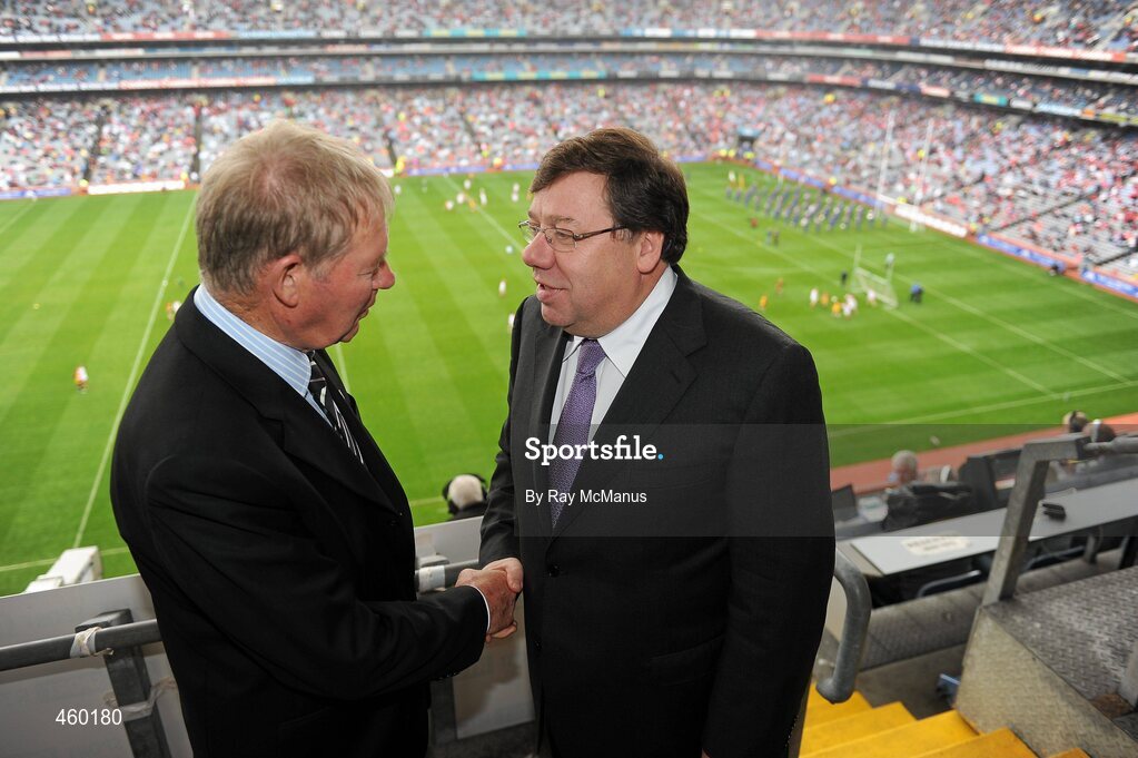 19 September 2010; RTE Gaelic Games Commentator Micheal O Muircheartaigh is greeted by An Taoiseach Brian Cowen T.D. on a visit to his broadcasting position. GAA Football All-Ireland Senior Championship Final, Down v Cork, Croke Park, Dublin. Picture credit: Ray McManus / SPORTSFILE