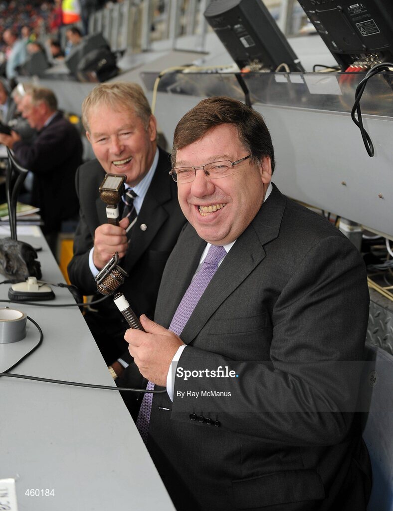 19 September 2010; An Taoiseach Brian Cowen T.D. joins RTE Gaelic Games Commentator Micheal O Muircheartaigh in his broadcasting position before he commentates on his last All-Ireland Senior Championship Final. GAA Football All-Ireland Senior Championship Final, Down v Cork, Croke Park, Dublin. Picture credit: Ray McManus / SPORTSFILE