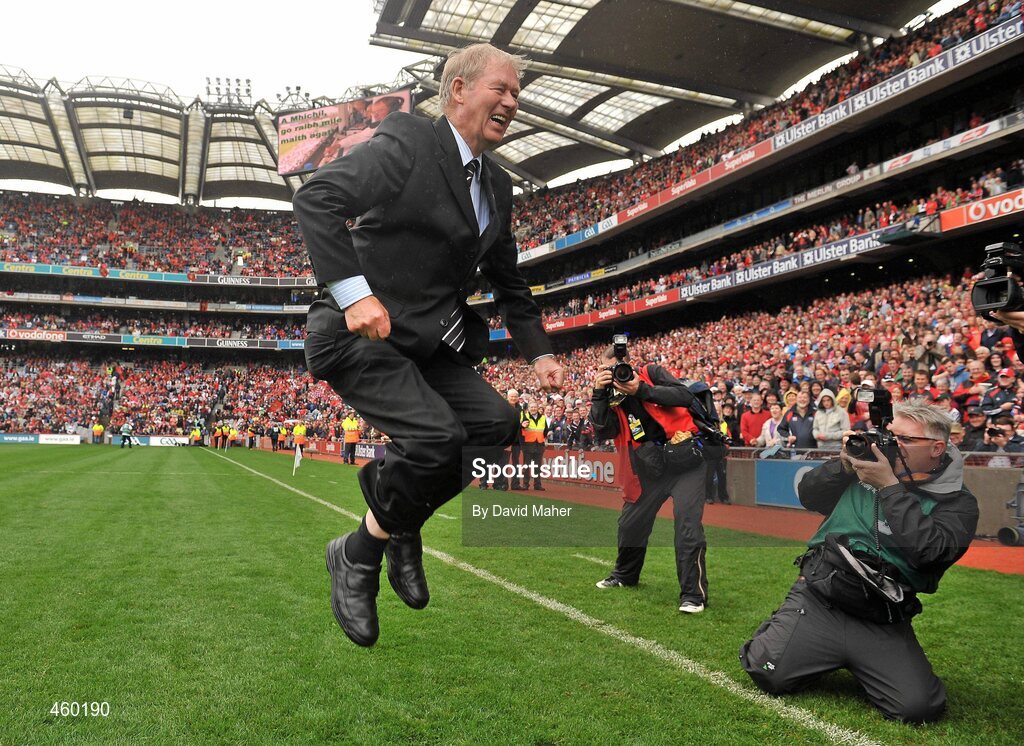 19 September 2010; RTE Gaelic Games Commentator Micheal O Muircheartaigh jumps for joy on the field before commentating on his last All-Ireland Senior Championship Final. GAA Football All-Ireland Senior Championship Final, Down v Cork, Croke Park, Dublin. Picture credit: David Maher / SPORTSFILE