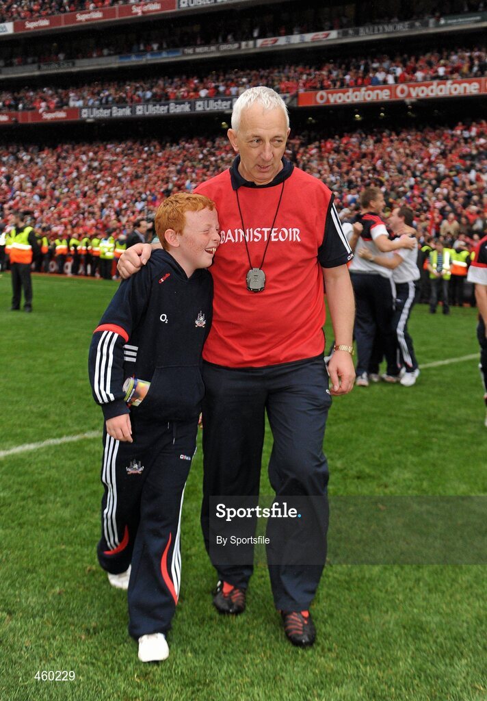 19 September 2010; Cork manager Conor Counihan celebrates with his son Oisin, aged 9, after the game. GAA Football All-Ireland Senior Championship Final, Down v Cork, Croke Park, Dublin. Photo by Sportsfile