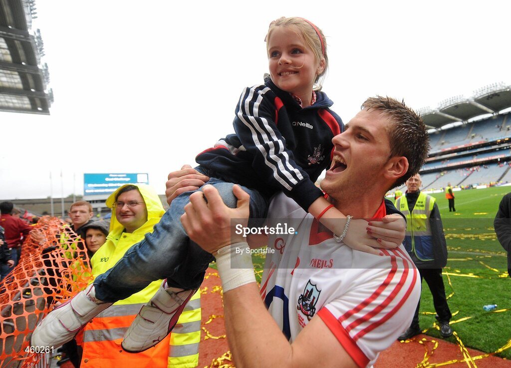 19 September 2010; Cork's Eoin Cadogan celebrates with his 9-year-old sister Claire at the end of the game. GAA Football All-Ireland Senior Championship Final, Down v Cork, Croke Park, Dublin. Photo by Sportsfile