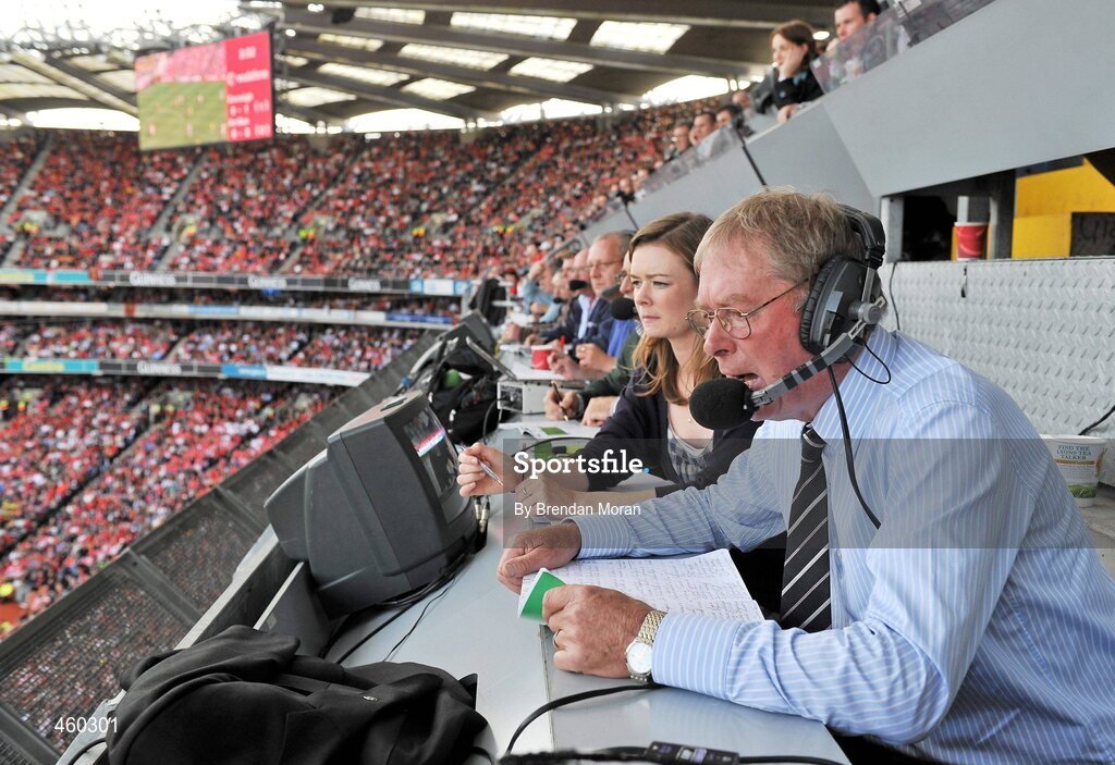 19 September 2010; RTE Gaelic Games Commentator Michéal O Muircheartaigh, assisted by his daughter Doireann, commentates on his last All-Ireland Senior Championship Final after a career lasting 62 years. His first broadcast was the Railway Cup Final on St Patrick's Day 1949. GAA Football All-Ireland Senior Championship Final, Down v Cork, Croke Park, Dublin. Picture credit: Brendan Moran / SPORTSFILE