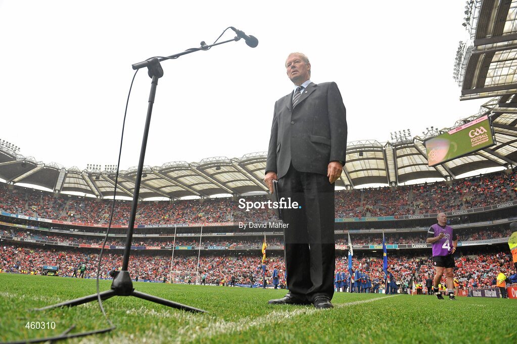 19 September 2010; RTE Gaelic Games Commentator Micheal O Muircheartaigh pitchside before he commentated on his last All-Ireland Senior Championship Final. GAA Football All-Ireland Senior Championship Final, Down v Cork, Croke Park, Dublin. Picture credit: David Maher / SPORTSFILE