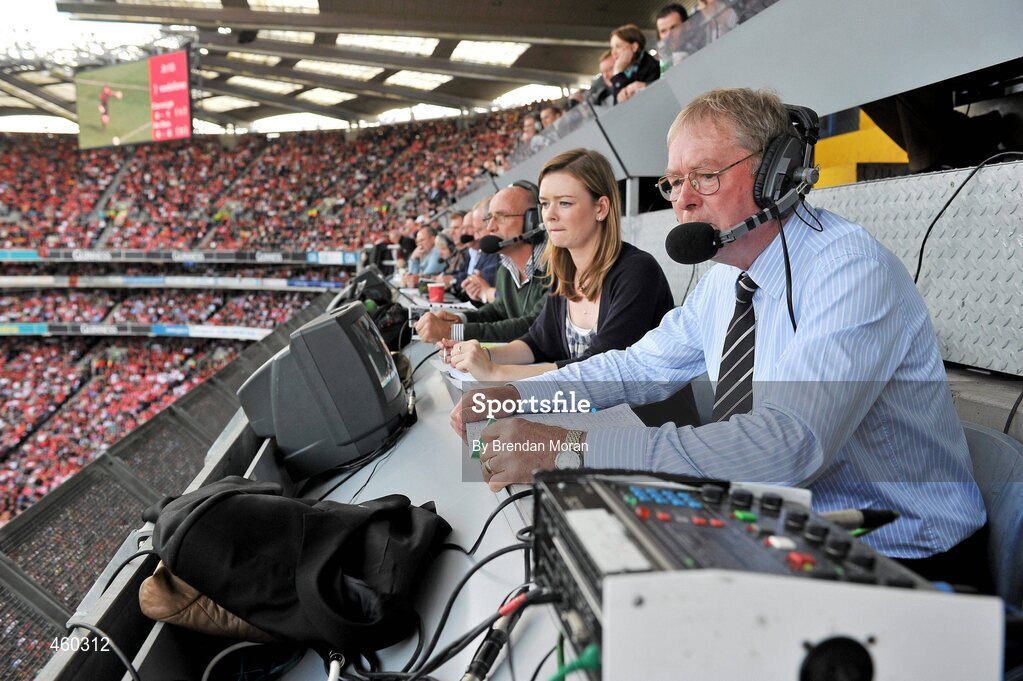 19 September 2010; RTE Gaelic Games Commentator Michéal O Muircheartaigh, assisted by his daughter Doireann and co-commentator Tommy Carr, commentates on his last All-Ireland Senior Championship Final after a career lasting 62 years. His first broadcast was the Railway Cup Final on St Patrick's Day 1949 during the GAA Football All-Ireland Senior Championship Final match between Down and Cork at Croke Park in Dublin. Photo by Brendan Moran/Sportsfile