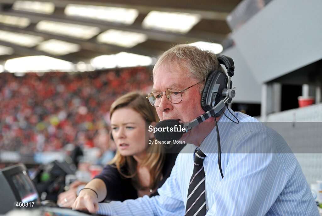 19 September 2010; RTE Gaelic Games Commentator Michéal O Muircheartaigh, assisted by his daughter Doireann, commentates on his last All-Ireland Senior Championship Final after a career lasting 62 years. His first broadcast was the Railway Cup Final on St Patrick's Day 1949. GAA Football All-Ireland Senior Championship Final, Down v Cork, Croke Park, Dublin. Picture credit: Brendan Moran / SPORTSFILE