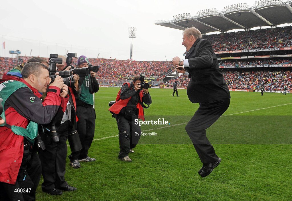 19 September 2010; RTE Gaelic Games Commentator Micheal O Muircheartaigh jumps for photographers prior to commentating on his last All-Ireland Senior Championship Final. GAA Football All-Ireland Senior Championship Final, Down v Cork, Croke Park, Dublin. Photo by Sportsfile