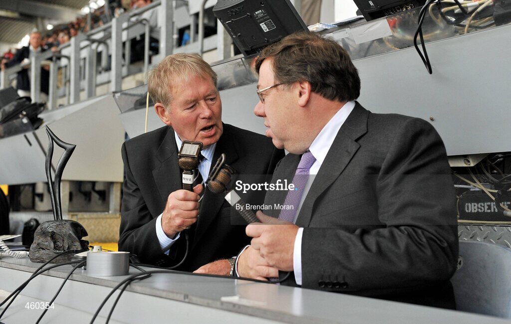 19 September 2010; RTE Gaelic Games Commentator Michéal O Muircheartaigh, in conversation with An Taoiseach Brian Cowen, TD. in the commentary box, before commentating on his last All-Ireland Senior Championship Final after a career lasting 62 years. His first broadcast was the Railway Cup Final on St Patrick's Day 1949. GAA Football All-Ireland Senior Championship Final, Down v Cork, Croke Park, Dublin. Picture credit: Brendan Moran / SPORTSFILE