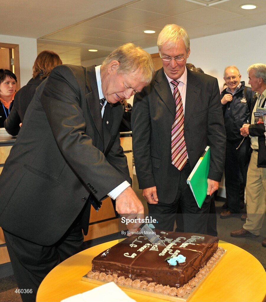 19 September 2010; RTE Gaelic Games Commentator Michéal O Muircheartaigh cuts some cake to mark his retirement watched by fellow Kerryman Michéal O Sé, before commentating on his last All-Ireland Senior Championship Final after a career lasting 62 years. His first broadcast was the Railway Cup Final on St Patrick's Day 1949. GAA Football All-Ireland Senior Championship Final, Down v Cork, Croke Park, Dublin. Picture credit: Brendan Moran / SPORTSFILE