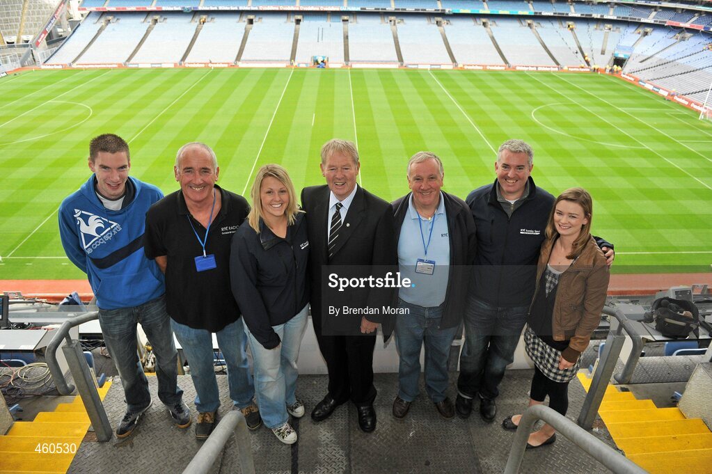 19 September 2010; The RTE Radio 1 Sunday Sport team, from left, Pauric Lodge, Dave Keenan, Jacqui Hurley, Micheal O Muircheartaigh, Kevin Fowley, Con Murphy and Doireann Ui Mhuircheartaigh, before Micheal commentated on his last All-Ireland Senior Championship Final after a career lasting 62 years. His first broadcast was the Railway Cup Final on St Patrick's Day 1949. GAA Football All-Ireland Senior Championship Final, Down v Cork, Croke Park, Dublin. Picture credit: Brendan Moran / SPORTSFILE
