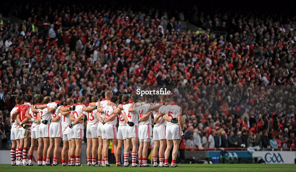 19 September 2010; A general view of the Cork team standing for the National Anthem. GAA Football All-Ireland Senior Championship Final, Down v Cork, Croke Park, Dublin. Photo by Sportsfile