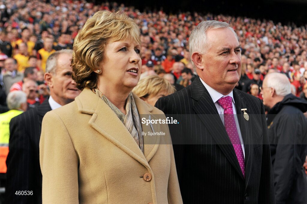19 September 2010; President of Ireland Mary McAleese with Uachtarán Chumann Lúthchleas Gael Criostóir Ó Cuana before the start of the game. GAA Football All-Ireland Senior Championship Final, Down v Cork, Croke Park, Dublin. Photo by Sportsfile