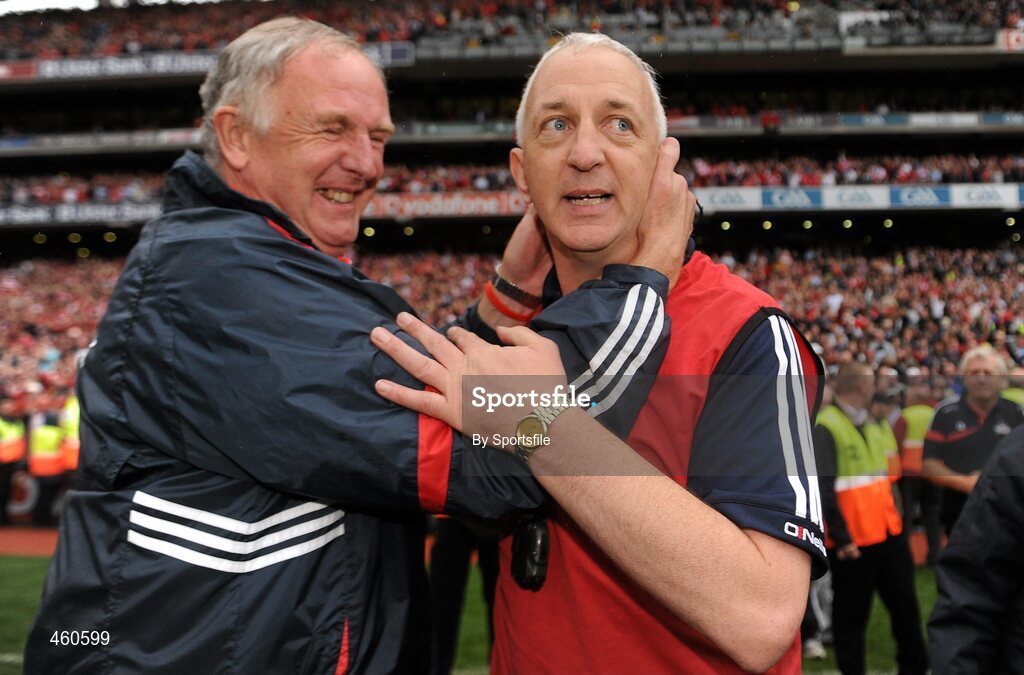 19 September 2010; Dr. Con Murphy, the team doctor, congratulates manager Conor Counihan after the game. GAA Football All-Ireland Senior Championship Final, Down v Cork, Croke Park, Dublin. Photo by Sportsfile