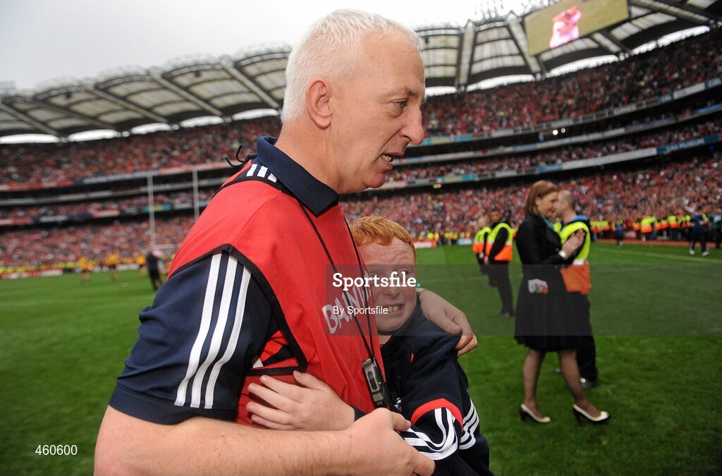 19 September 2010; Cork manager Conor Counihan celebrates with his son Oisin, aged 9, after the game. GAA Football All-Ireland Senior Championship Final, Down v Cork, Croke Park, Dublin. Photo by Sportsfile