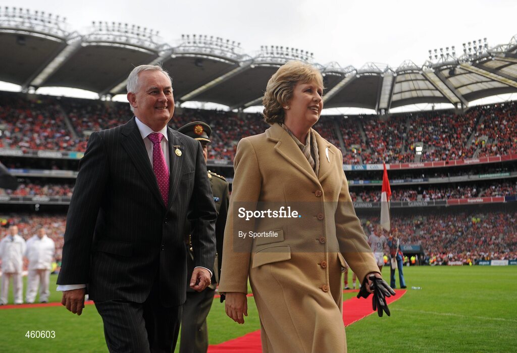 19 September 2010; The President of Ireland Mary McAleese with Uachtarán Chumann Lúthchleas Gael Criostóir Ó Cuana. GAA Football All-Ireland Senior Championship Final, Down v Cork, Croke Park, Dublin. Photo by Sportsfile
