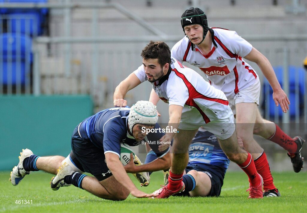 25 September 2010; Akhlaque Khan, Leinster, goes over to score his side's second try despite the efforts of Niall Patterson, Ulster. U18 Clubs Interprovincial, Leinster v Ulster, Donnybrook Stadium, Dublin. Picture credit: Matt Browne / SPORTSFILE
