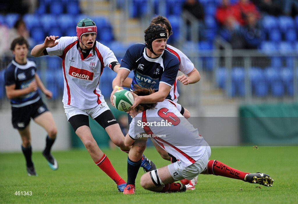 25 September 2010; Eoghan Masterson, Leinster, is tackled by Mark Ferris, Ulster. U18 Clubs Interprovincial, Leinster v Ulster, Donnybrook Stadium, Dublin. Picture credit: Matt Browne / SPORTSFILE