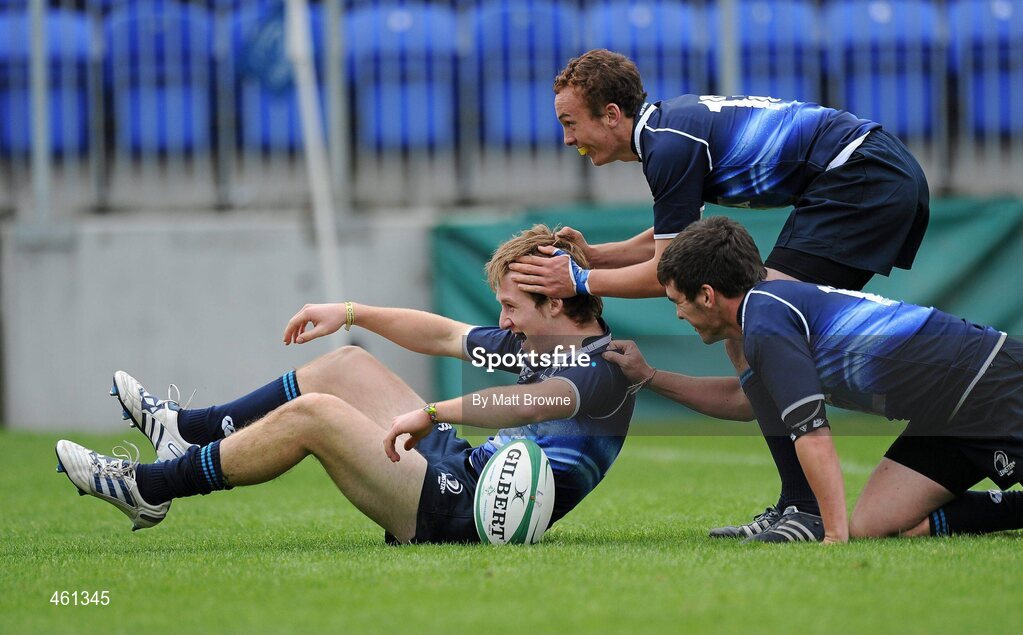 25 September 2010; Daire Dalton, Leinster, is congratulated by team-mates Kevin Burke and Kieran Butler after scoring his side's fifth try. U18 Clubs Interprovincial, Leinster v Ulster, Donnybrook Stadium, Dublin. Picture credit: Matt Browne / SPORTSFILE