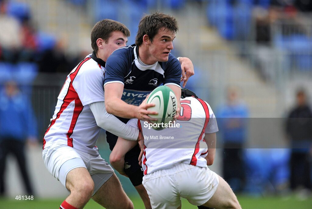 25 September 2010; Leinster's Thomas Daly is tackled by Ulster's David Smith and Conall Doherty, right. U18 Clubs Interprovincial, Leinster v Ulster, Donnybrook Stadium, Dublin. Picture credit: Matt Browne / SPORTSFILE