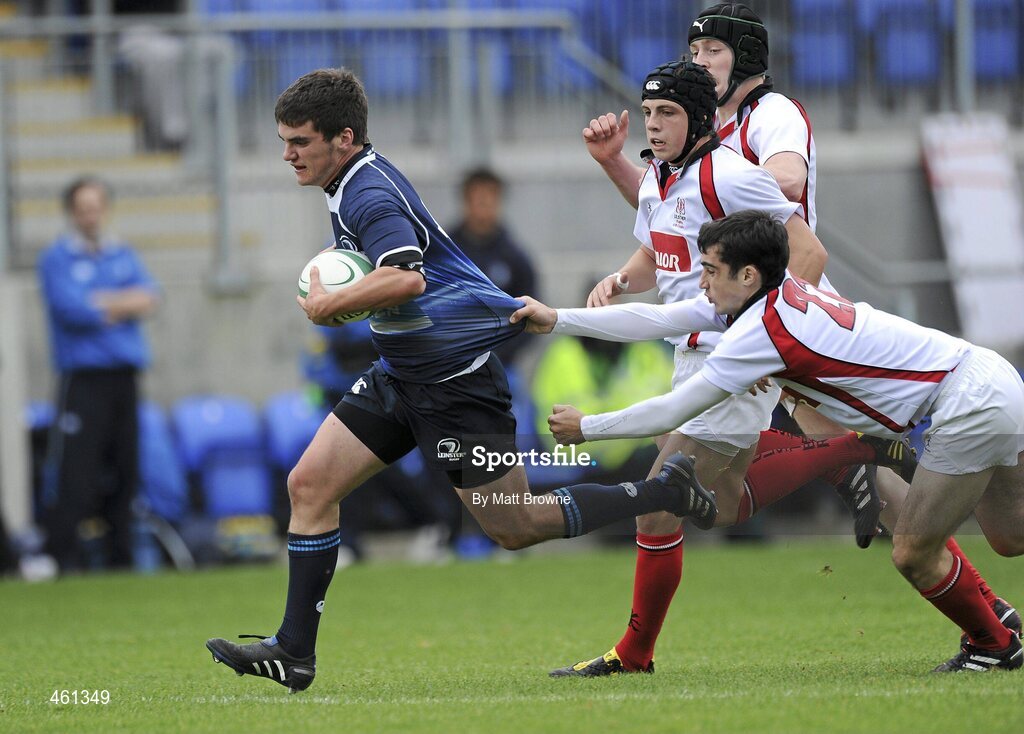 25 September 2010; Kevin Burke, Leinster, is tackled Jack McMurtry, Ulster. U18 Clubs Interprovincial, Leinster v Ulster, Donnybrook Stadium, Dublin. Picture credit: Matt Browne / SPORTSFILE