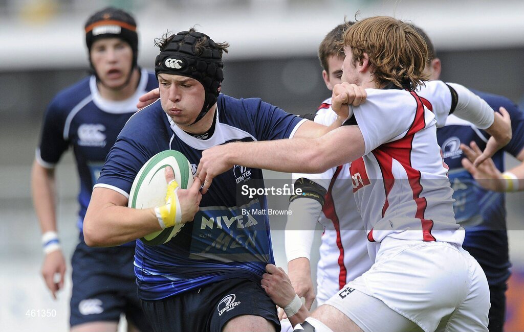 25 September 2010; Eoghan Masterson, Leinster, is tackled by Mark Ferris, Ulster. U18 Clubs Interprovincial, Leinster v Ulster, Donnybrook Stadium, Dublin. Picture credit: Matt Browne / SPORTSFILE