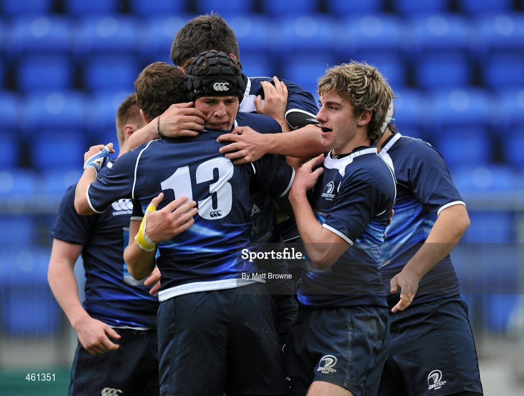 25 September 2010; Leinster's Kieran Butler,13, is congratulated by team-mates Eoghan Masterson and Finnbar McGowan after he scored his side's third try. U18 Clubs Interprovincial, Leinster v Ulster, Donnybrook Stadium, Dublin. Picture credit: Matt Browne / SPORTSFILE
