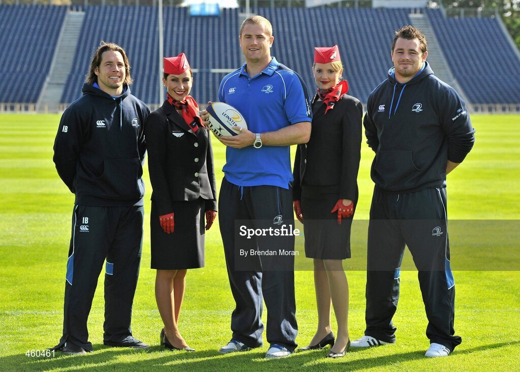 29 September 2010; As official airline to Leinster Rugby, CityJet is proud to carry the two time Magners League winners, and 2009 Heineken Cup champions, on their journey around Europe in search of silverware. The airline has signed a three year contract with Leinster. The playing squad, led by head coach Joe Schmidt and captain Leo Cullen boasts world class home-grown rugby players, overseas talent and ambitious indigenous talent in a fusion of youth, experience, commitment and passion. Backed by a support base drawn from the 12 counties of Leinster and beyond, the team will travel with CityJet to 11 away matches in the Magners League across Wales, Scotland and Italy and to England and France in the Heineken Cup pool stages. Pictured at the launch of Cityjet’s new sponsorship of the Leinster team, from left, Isaac Boss, Cityjet Cabin Supervisor Wendy Cassidy, Jamie Heaslip, Cityjet Cabin Supervisor Ina Vanessa Bonke and Cian Healy. RDS, Ballsbridge, Dublin. Picture credit: Brendan Moran / SPORTSFILE