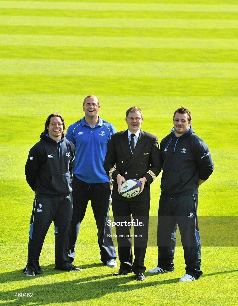 29 September 2010; As official airline to Leinster Rugby, CityJet is proud to carry the two time Magners League winners, and 2009 Heineken Cup champions, on their journey around Europe in search of silverware. The airline has signed a three year contract with Leinster. The playing squad, led by head coach Joe Schmidt and captain Leo Cullen boasts world class home-grown rugby players, overseas talent and ambitious indigenous talent in a fusion of youth, experience, commitment and passion. Backed by a support base drawn from the 12 counties of Leinster and beyond, the team will travel with CityJet to 11 away matches in the Magners League across Wales, Scotland and Italy and to England and France in the Heineken Cup pool stages. Pictured at the launch of Cityjet’s new sponsorship of the Leinster team, from left, Isaac Boss, Jamie Heaslip, Former Ireland captain and current Cityjet Captain Richard Wallace, and Cian Healy. RDS, Ballsbridge, Dublin. Picture credit: Brendan Moran / SPORTSFILE