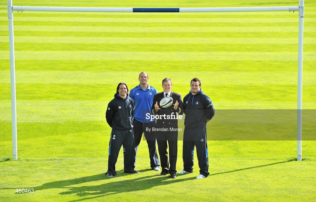 29 September 2010; As official airline to Leinster Rugby, CityJet is proud to carry the two time Magners League winners, and 2009 Heineken Cup champions, on their journey around Europe in search of silverware. The airline has signed a three year contract with Leinster. The playing squad, led by head coach Joe Schmidt and captain Leo Cullen boasts world class home-grown rugby players, overseas talent and ambitious indigenous talent in a fusion of youth, experience, commitment and passion. Backed by a support base drawn from the 12 counties of Leinster and beyond, the team will travel with CityJet to 11 away matches in the Magners League across Wales, Scotland and Italy and to England and France in the Heineken Cup pool stages. Pictured at the launch of Cityjet’s new sponsorship of the Leinster team, from left, Isaac Boss, Jamie Heaslip, Former Ireland captain and current Cityjet Captain Richard Wallace, and Cian Healy. RDS, Ballsbridge, Dublin. Picture credit: Brendan Moran / SPORTSFILE