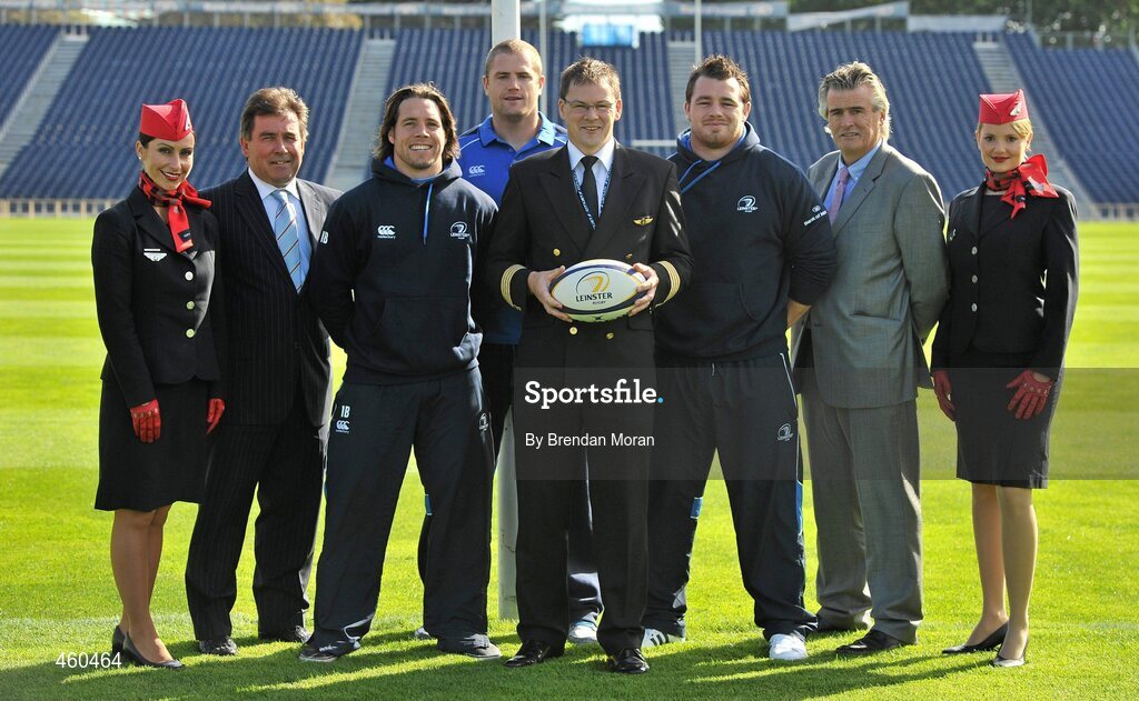 29 September 2010; As official airline to Leinster Rugby, CityJet is proud to carry the two time Magners League winners, and 2009 Heineken Cup champions, on their journey around Europe in search of silverware. The airline has signed a three year contract with Leinster. The playing squad, led by head coach Joe Schmidt and captain Leo Cullen boasts world class home-grown rugby players, overseas talent and ambitious indigenous talent in a fusion of youth, experience, commitment and passion. Backed by a support base drawn from the 12 counties of Leinster and beyond, the team will travel with CityJet to 11 away matches in the Magners League across Wales, Scotland and Italy and to England and France in the Heineken Cup pool stages. Pictured at the launch of Cityjet’s new sponsorship of the Leinster team, from left, Cityjet Cabin Supervisor Wendy Cassidy, Michael Dawson, Chief Executive, Leinster Rugby, Isaac Boss, Jamie Heaslip, Former Ireland captain and current Cityjet Captain Richard Wallace, Cian Healy, Pat Byrne, Chairman, Cityjet, and Cityjet Cabin Supervisor Ina Vanessa Bonke. RDS, Ballsbridge, Dublin. Picture credit: Brendan Moran / SPORTSFILE