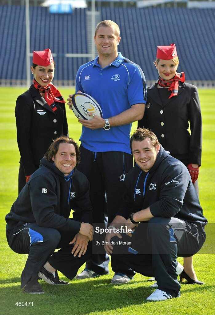 29 September 2010; As official airline to Leinster Rugby, CityJet is proud to carry the two time Magners League winners, and 2009 Heineken Cup champions, on their journey around Europe in search of silverware. The airline has signed a three year contract with Leinster. The playing squad, led by head coach Joe Schmidt and captain Leo Cullen boasts world class home-grown rugby players, overseas talent and ambitious indigenous talent in a fusion of youth, experience, commitment and passion. Backed by a support base drawn from the 12 counties of Leinster and beyond, the team will travel with CityJet to 11 away matches in the Magners League across Wales, Scotland and Italy and to England and France in the Heineken Cup pool stages. Pictured at the launch of Cityjet’s new sponsorship of the Leinster team, clockwise from left, Cityjet Cabin Supervisor Wendy Cassidy, Jamie Heaslip, Cityjet Cabin Supervisor Ina Vanessa Bonke, Cian Healy and Isaac Boss. RDS, Ballsbridge, Dublin. Picture credit: Brendan Moran / SPORTSFILE