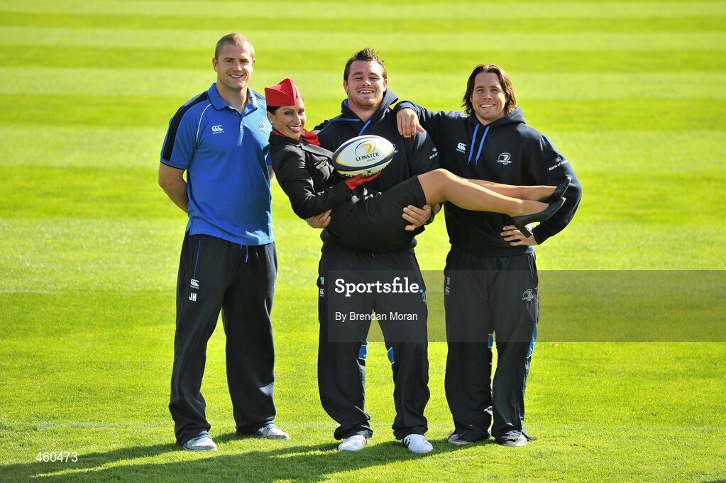 29 September 2010; As official airline to Leinster Rugby, CityJet is proud to carry the two time Magners League winners, and 2009 Heineken Cup champions, on their journey around Europe in search of silverware. The airline has signed a three year contract with Leinster. The playing squad, led by head coach Joe Schmidt and captain Leo Cullen boasts world class home-grown rugby players, overseas talent and ambitious indigenous talent in a fusion of youth, experience, commitment and passion. Backed by a support base drawn from the 12 counties of Leinster and beyond, the team will travel with CityJet to 11 away matches in the Magners League across Wales, Scotland and Italy and to England and France in the Heineken Cup pool stages. Pictured are Leinster players Jamie Heaslip, Cian Healy and Isaac Boss with Cityjet Cabin Supervisor Wendy Cassidy at the launch of Cityjet’s new sponsorship of the Leinster team. RDS, Ballsbridge, Dublin. Picture credit: Brendan Moran / SPORTSFILE
