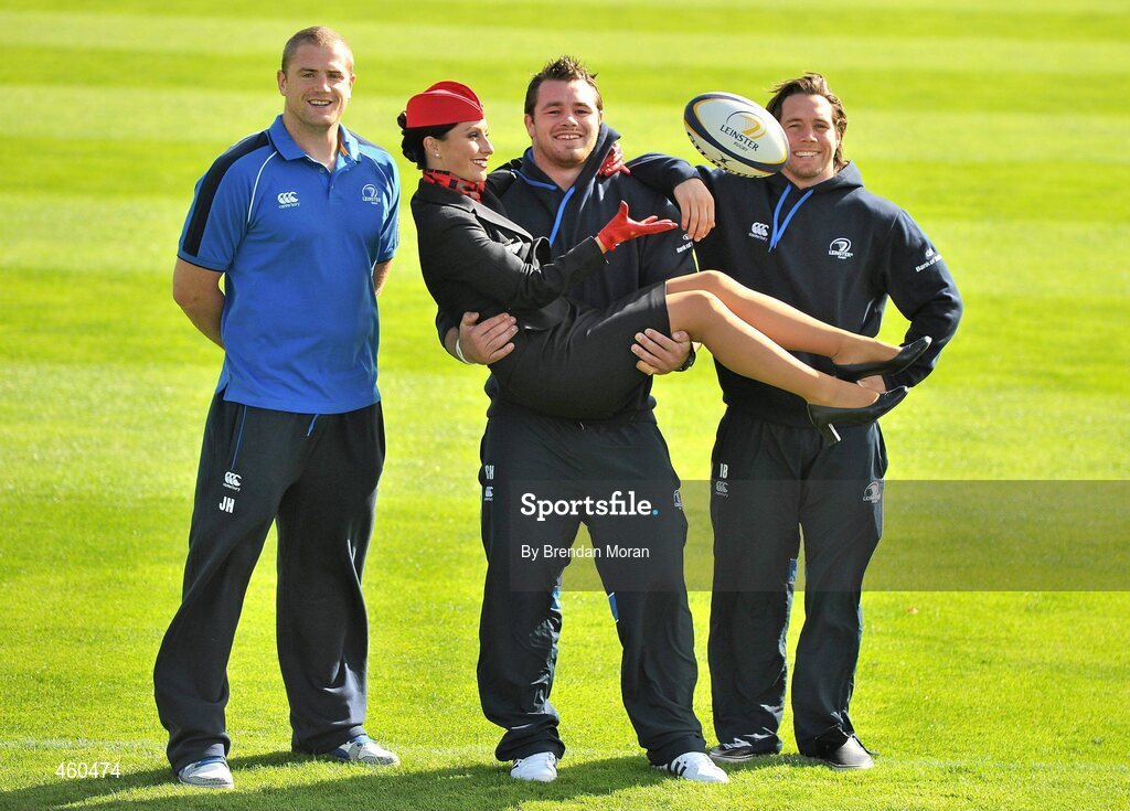 29 September 2010; As official airline to Leinster Rugby, CityJet is proud to carry the two time Magners League winners, and 2009 Heineken Cup champions, on their journey around Europe in search of silverware. The airline has signed a three year contract with Leinster. The playing squad, led by head coach Joe Schmidt and captain Leo Cullen boasts world class home-grown rugby players, overseas talent and ambitious indigenous talent in a fusion of youth, experience, commitment and passion. Backed by a support base drawn from the 12 counties of Leinster and beyond, the team will travel with CityJet to 11 away matches in the Magners League across Wales, Scotland and Italy and to England and France in the Heineken Cup pool stages. Pictured are Leinster players Jamie Heaslip, Cian Healy and Isaac Boss with Cityjet Cabin Supervisor Wendy Cassidy at the launch of Cityjet’s new sponsorship of the Leinster team. RDS, Ballsbridge, Dublin. Picture credit: Brendan Moran / SPORTSFILE