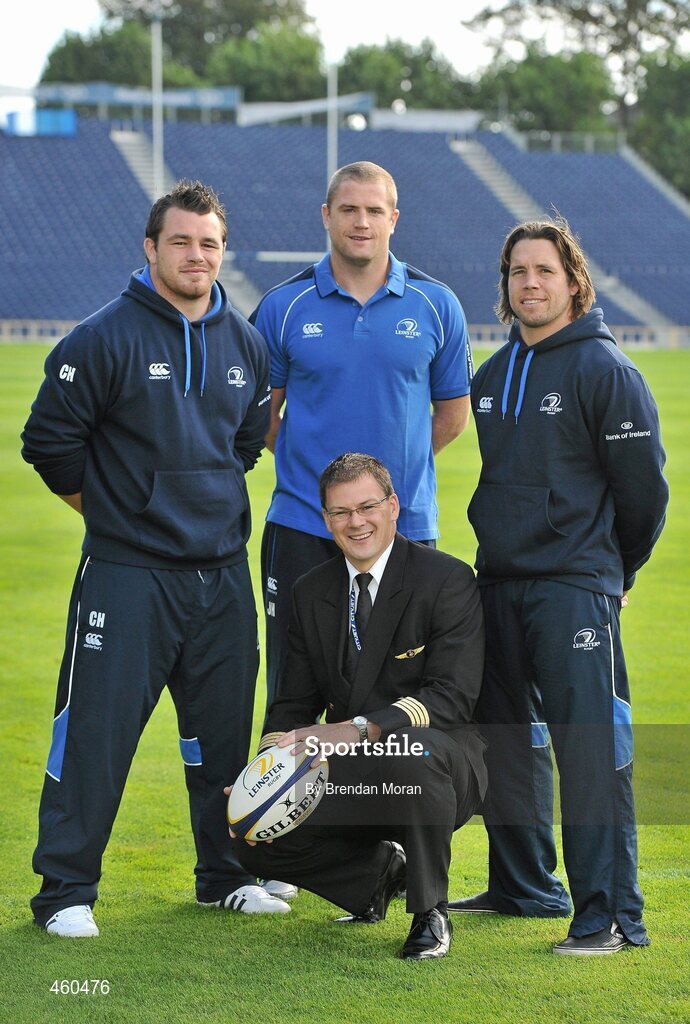 29 September 2010; As official airline to Leinster Rugby, CityJet is proud to carry the two time Magners League winners, and 2009 Heineken Cup champions, on their journey around Europe in search of silverware. The airline has signed a three year contract with Leinster. The playing squad, led by head coach Joe Schmidt and captain Leo Cullen boasts world class home-grown rugby players, overseas talent and ambitious indigenous talent in a fusion of youth, experience, commitment and passion. Backed by a support base drawn from the 12 counties of Leinster and beyond, the team will travel with CityJet to 11 away matches in the Magners League across Wales, Scotland and Italy and to England and France in the Heineken Cup pool stages. Pictured are Leinster players Cian Healy, Jamie Heaslip and Isaac Boss pictured with Cityjet Captain and former Ireland international Captain Richard Wallace at the launch of Cityjet’s new sponsorship of the Leinster team. RDS, Ballsbridge, Dublin. Picture credit: Brendan Moran / SPORTSFILE