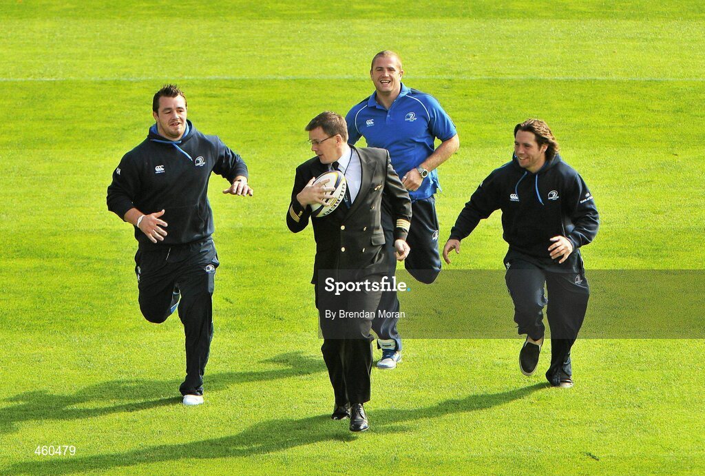 29 September 2010; As official airline to Leinster Rugby, CityJet is proud to carry the two time Magners League winners, and 2009 Heineken Cup champions, on their journey around Europe in search of silverware. The airline has signed a three year contract with Leinster. The playing squad, led by head coach Joe Schmidt and captain Leo Cullen boasts world class home-grown rugby players, overseas talent and ambitious indigenous talent in a fusion of youth, experience, commitment and passion. Backed by a support base drawn from the 12 counties of Leinster and beyond, the team will travel with CityJet to 11 away matches in the Magners League across Wales, Scotland and Italy and to England and France in the Heineken Cup pool stages. Pictured are Leinster players Cian Healy, Jamie Heaslip and Isaac Boss with Cityjet Captain and former Ireland international Captain Richard Wallace at the launch of Cityjet’s new sponsorship of the Leinster team. RDS, Ballsbridge, Dublin. Picture credit: Brendan Moran / SPORTSFILE
