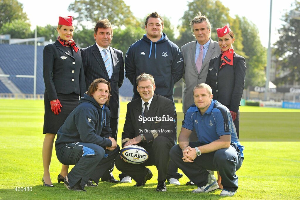 29 September 2010; As official airline to Leinster Rugby, CityJet is proud to carry the two time Magners League winners, and 2009 Heineken Cup champions, on their journey around Europe in search of silverware. The airline has signed a three year contract with Leinster. The playing squad, led by head coach Joe Schmidt and captain Leo Cullen boasts world class home-grown rugby players, overseas talent and ambitious indigenous talent in a fusion of youth, experience, commitment and passion. Backed by a support base drawn from the 12 counties of Leinster and beyond, the team will travel with CityJet to 11 away matches in the Magners League across Wales, Scotland and Italy and to England and France in the Heineken Cup pool stages. Pictured at the launch of Cityjet’s new sponsorship team, back, from left, Cityjet Cabin Supervisor Ina Vanessa Bonke, Michael Dawson, Chief Executive, Leinster Rugby, Cian Healy, Pat Byrne, Chairman, Cityjet, Cityjet Cabin Supervisor Wendy Cassidy, with front, from left Isaac Boss, former Ireland rugby captain and current Cityjet Captain Richard Wallace and Jamie Heaslip. RDS, Ballsbridge, Dublin. Picture credit: Brendan Moran / SPORTSFILE